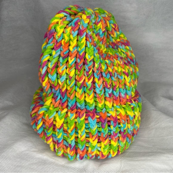 Handmade Crochet Terry Towel Strata Striped Rainbow Beanie Hat Super Soft OSFM - Picture 2 of 10